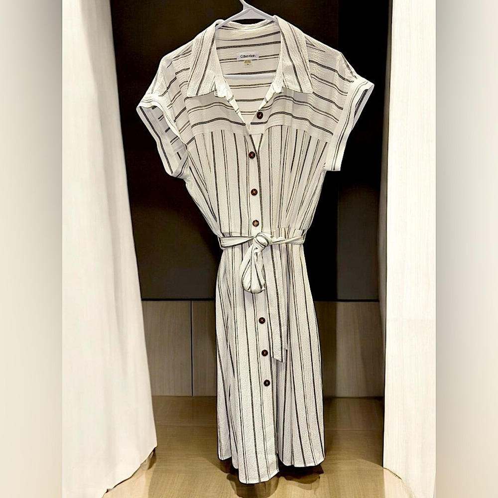 Calvin Klein Maxi Shirt Dress Size 14 Off-White Gray Stripe Button Front Belted - Picture 3 of 4